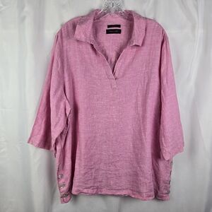 Tahari 100% Linen Pink 3/4 Sleeve V-Neck Lagenlook Tunic Top Plus Size 3X